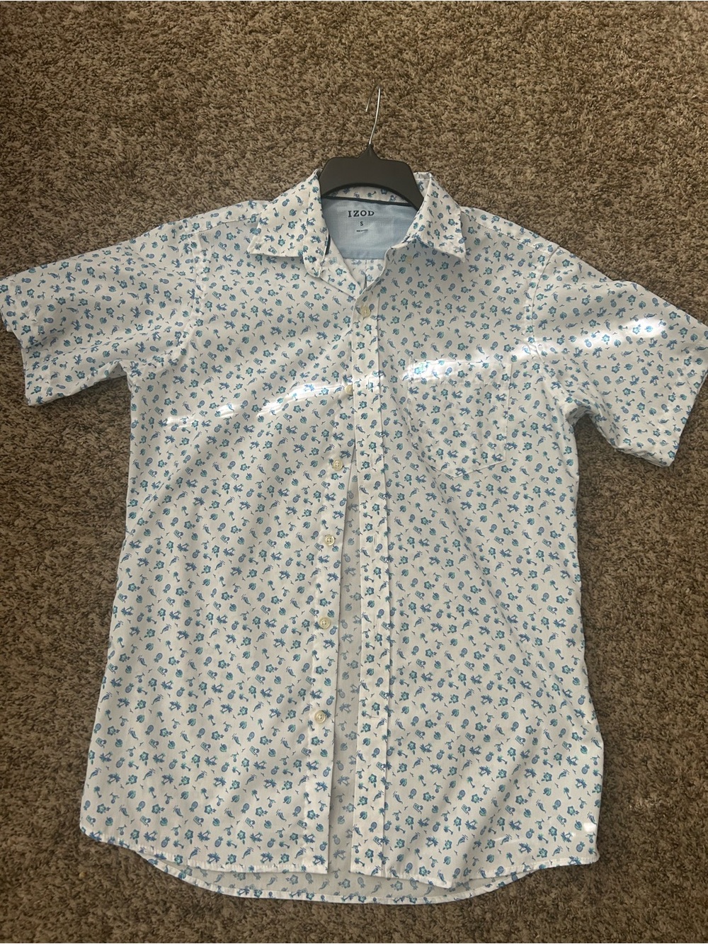 Izod White Short-Sleeve Button-Down Shirt with Blue Floral Print